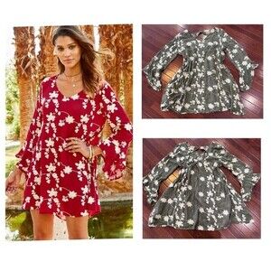 Altar’d State Long Bell Sleeve Olive Green Lexia Dress with Pockets Size XS